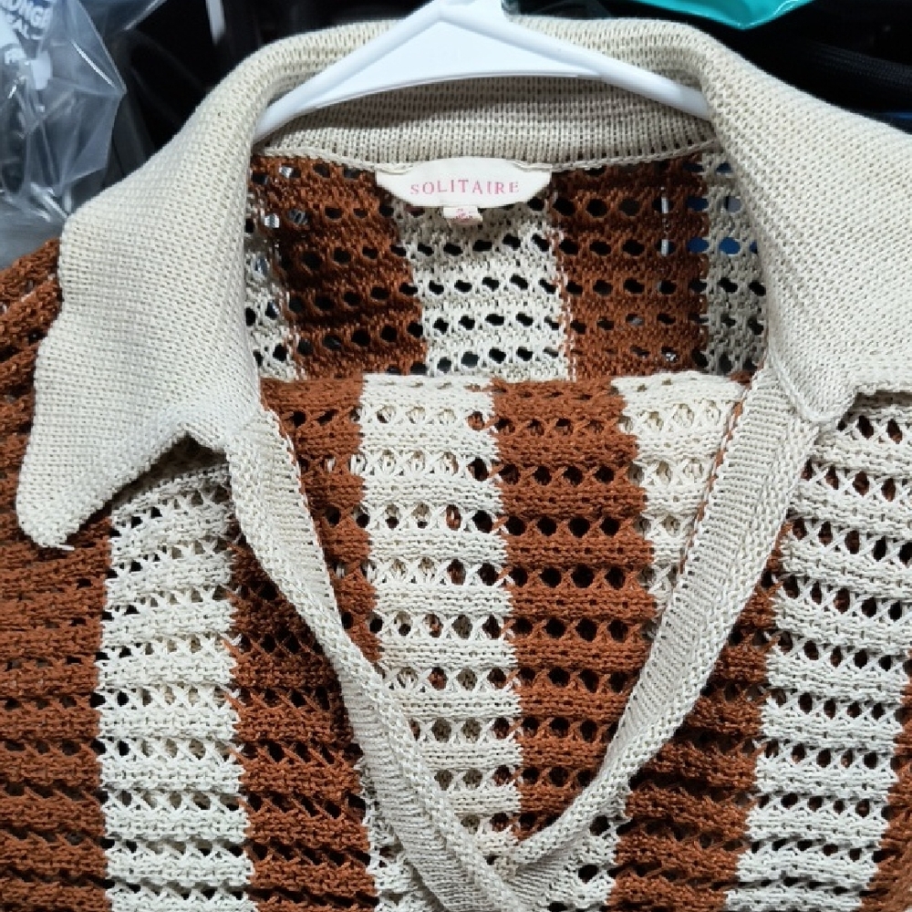 Solitaire Cream and Brown Striped Open-Knit V-neck Sweater And Matching Pants